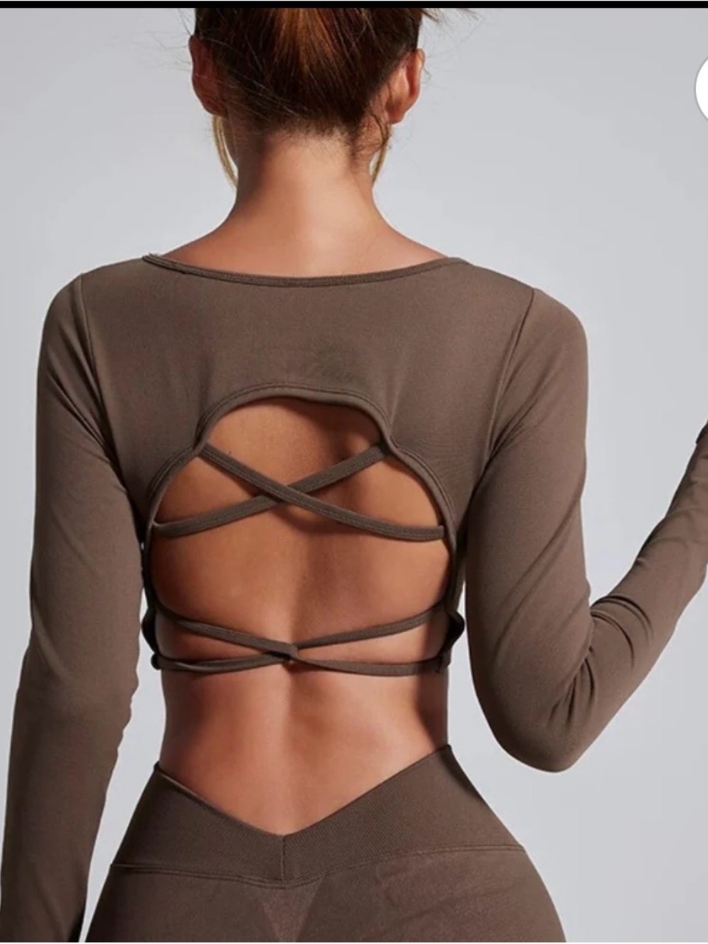 Long-Sleeve Strappy Open-Back Crop Top in Brown